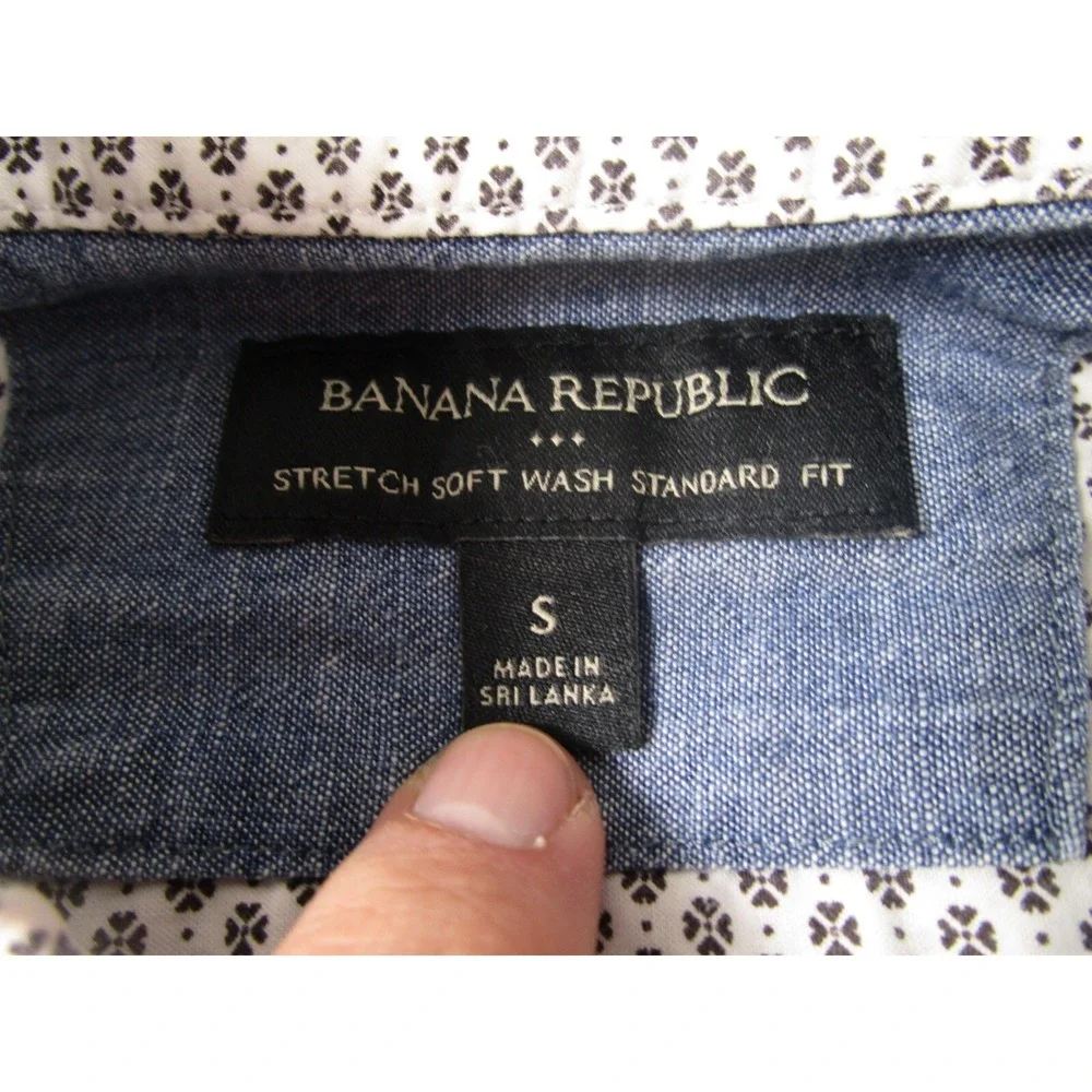 Banana Republic Shirt Mens Small White‎ Geometric Standard Fit Stretch Preppy